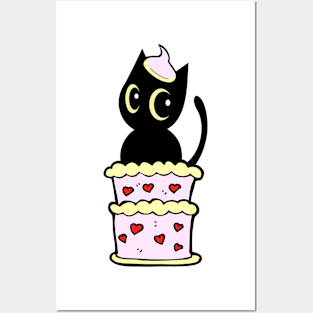 Funny Black cat jumping out of a cake Posters and Art